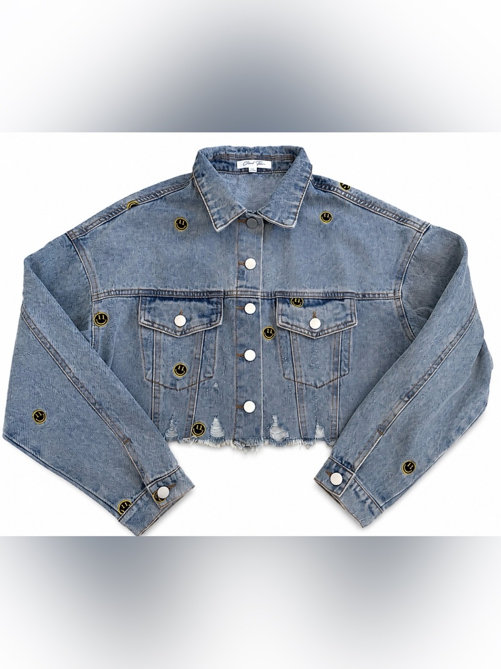 Cloud Ten Smiley Face Cropped Denim Jacket Small Y2K Grunge